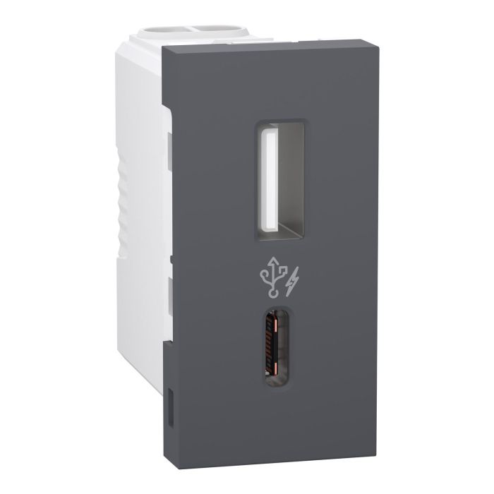 2.4A 5V A+C Usb Charger, 1 Module, Grey